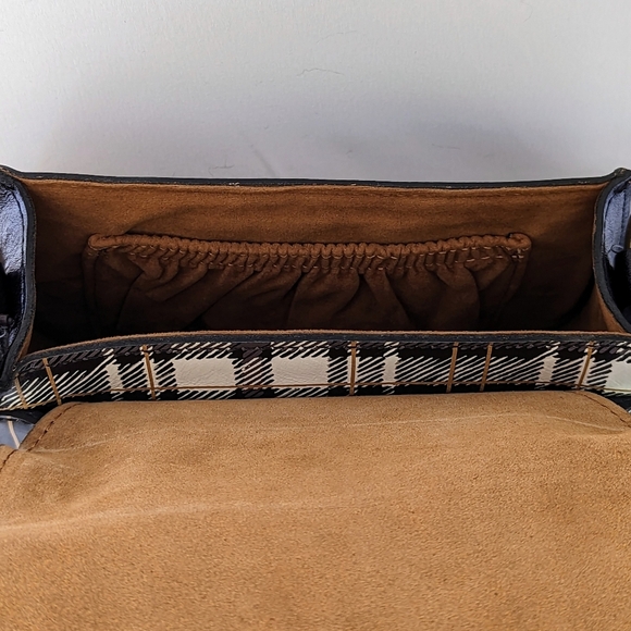 Patricia Nash Annfield Saddle Bag Leather Crossbody Handle Black White Plaid NWT - Picture 12 of 13